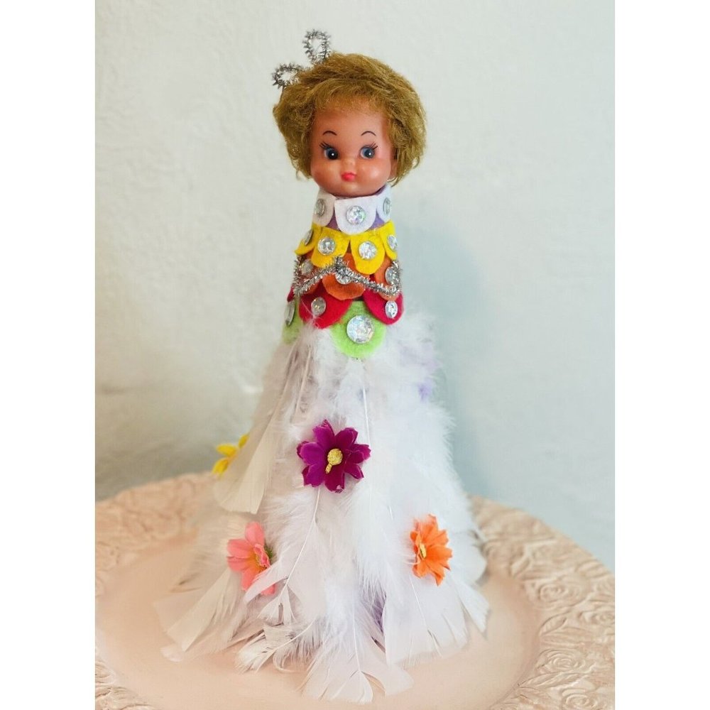 Vintage Kitchy Angel Girl Figurine Feather Gems Handcrafted
